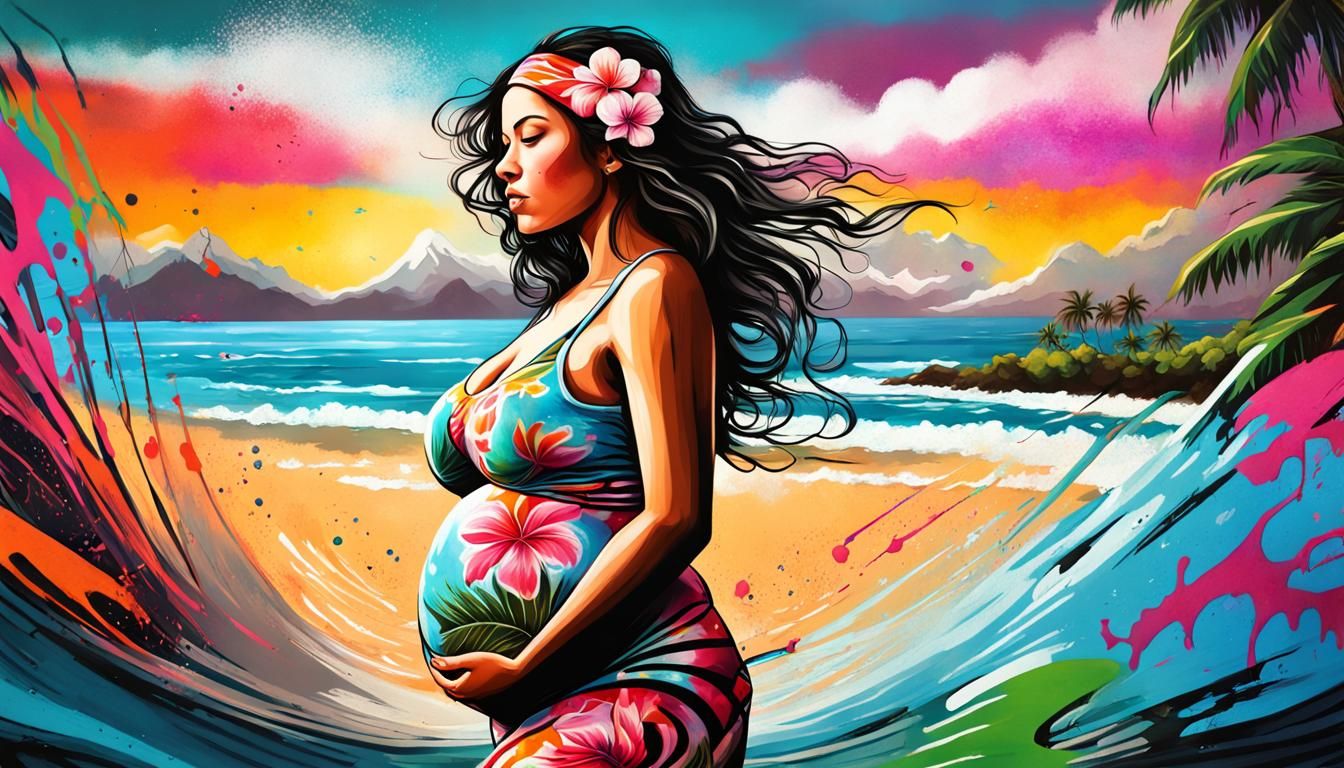 Pregnant Hawaiian Woman Dancing: Graffiti Art Style