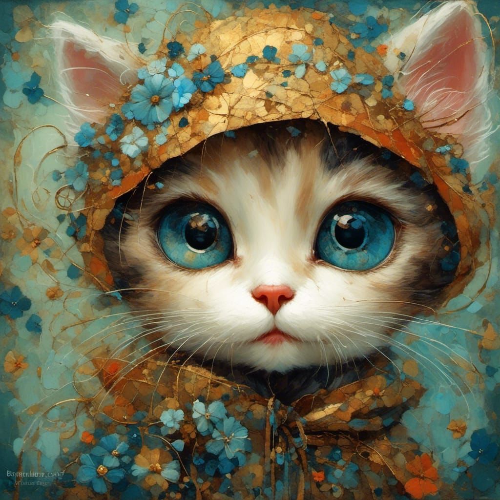 Cute Kitten in Big-Eyed Oil Painting Style