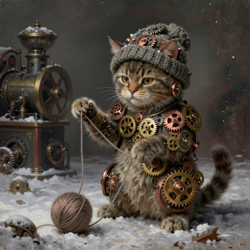 Steampunk Cat with Gears Plays Yarn in Snowy Oil Painting