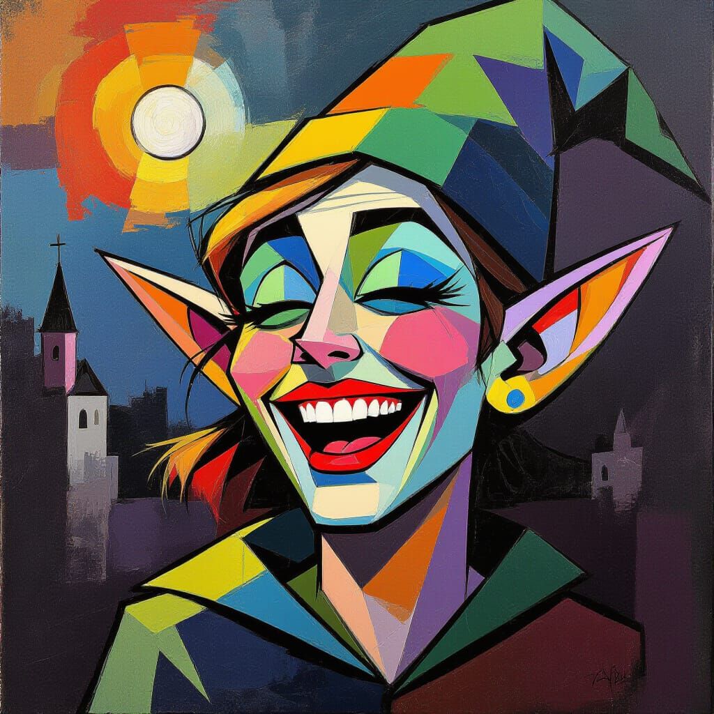 Abstract Elf Laughing at Reflection in Vibrant Surreal Style