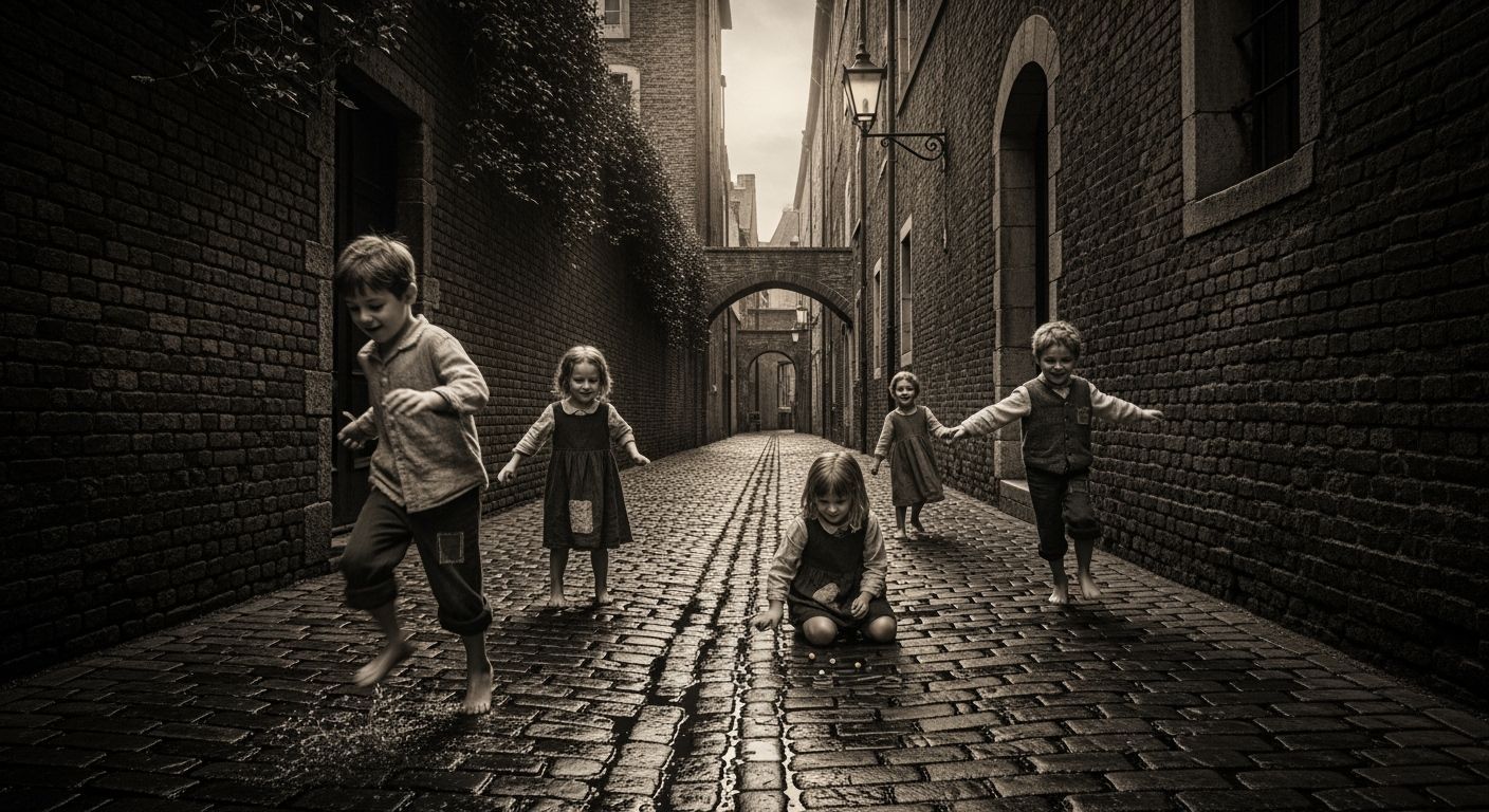 Children Playing in Alleyway, Monochrome Photograph