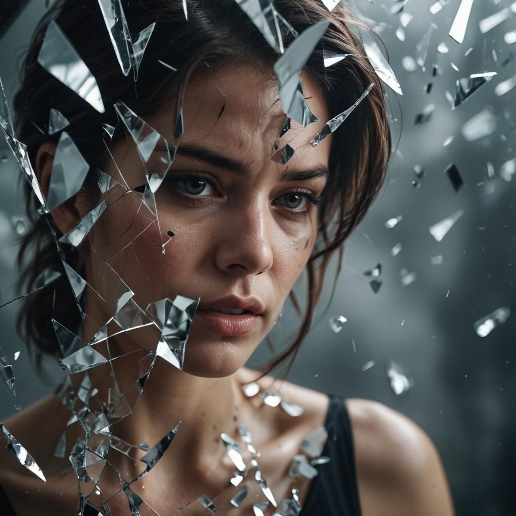 Woman Trapped in Mirror Shards: Photorealistic Close-Up