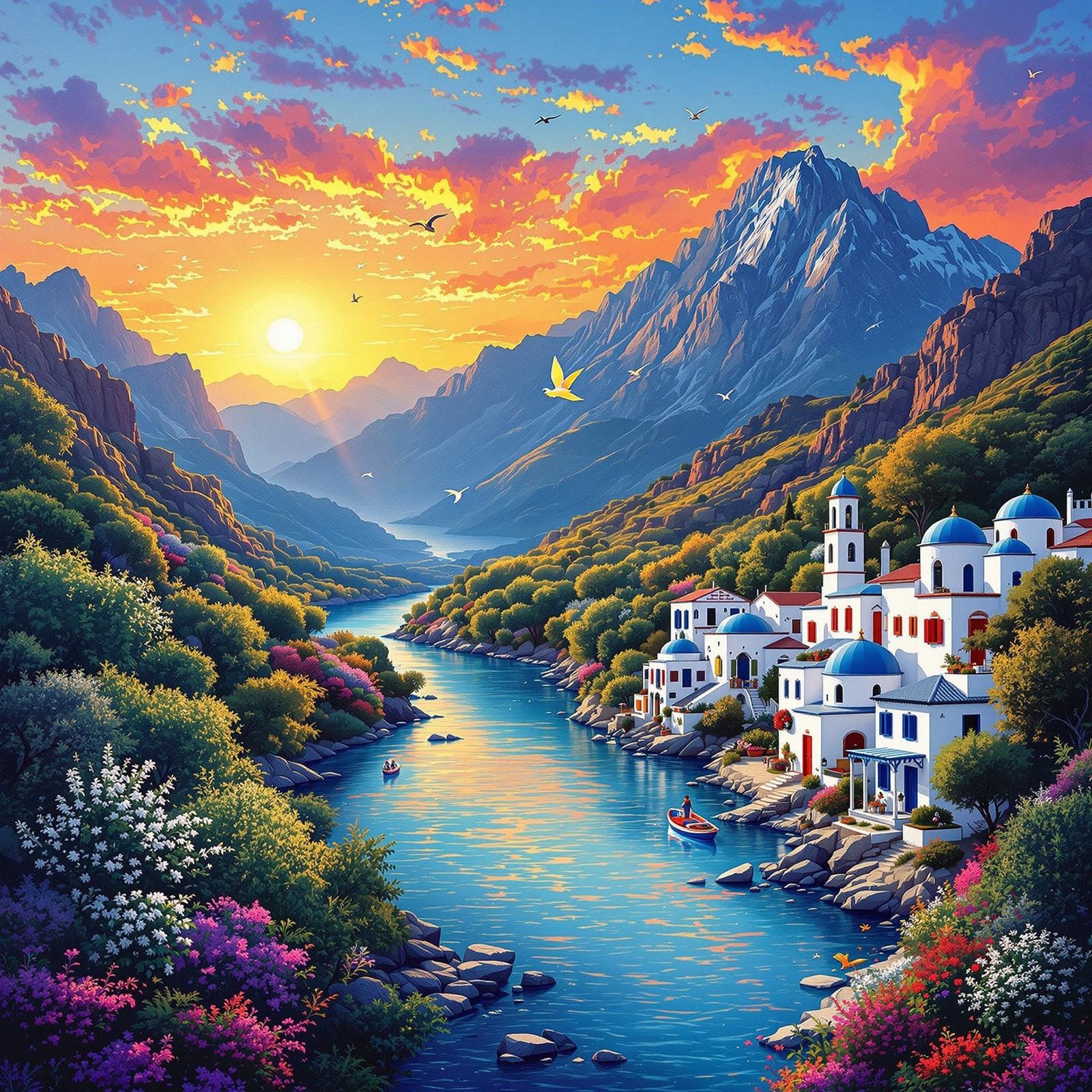 Vibrant Sunrise Amidst Majestic Mountains and Lush Greek Isl...