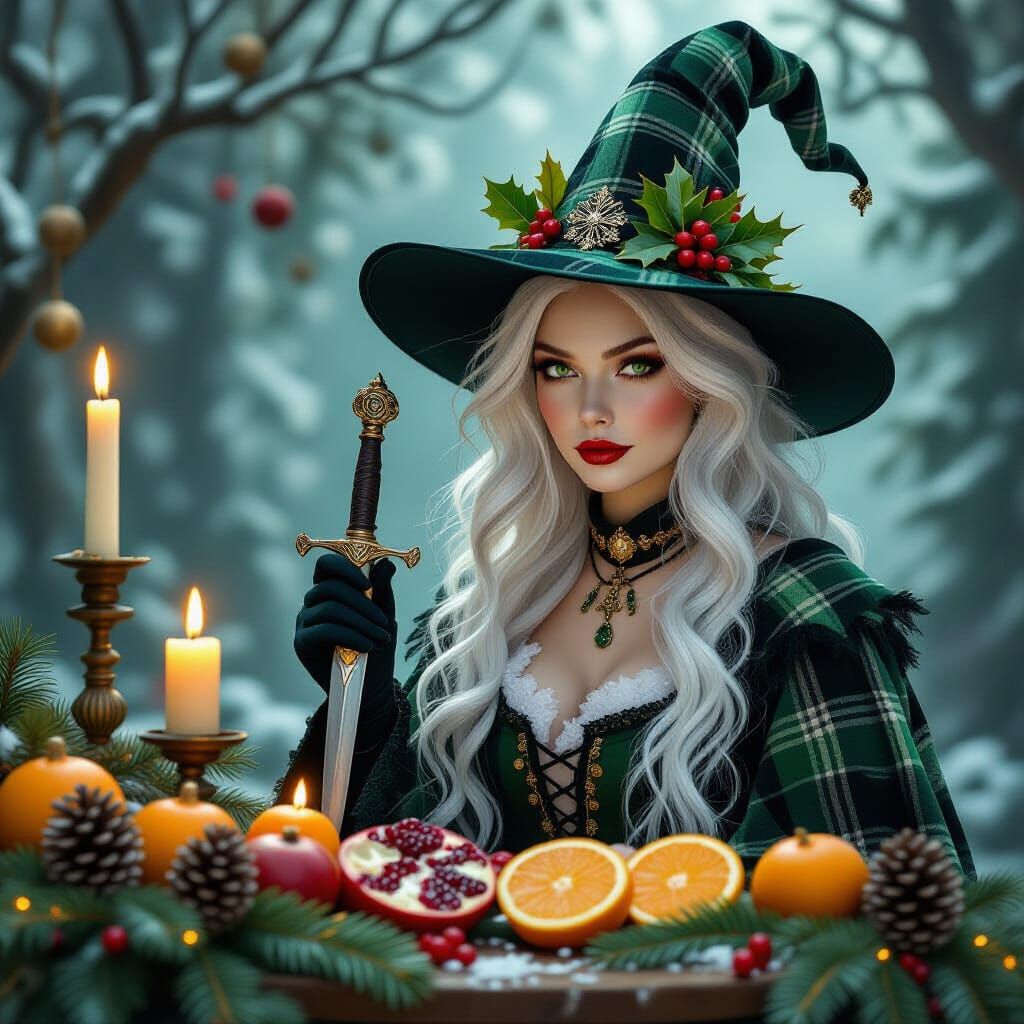 Surreal Christmas Witch at Yule Altar 3D Render