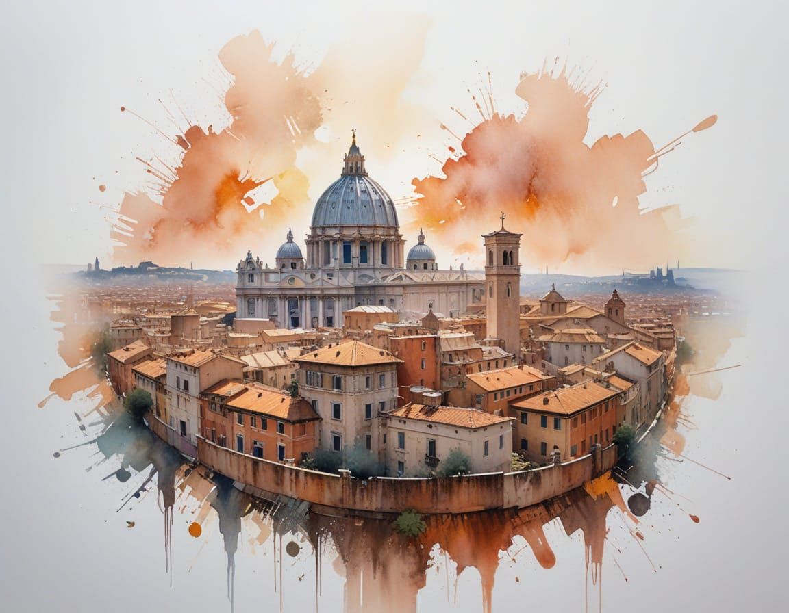 Rome Panorama at Dawn with St. Peter's Basilica in Watercolo...