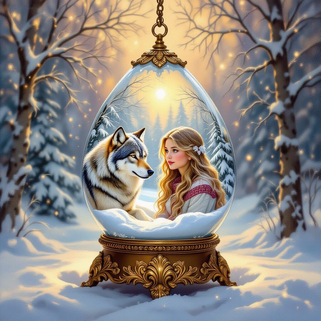 Ethereal Snow Globe with Wolf and Girl