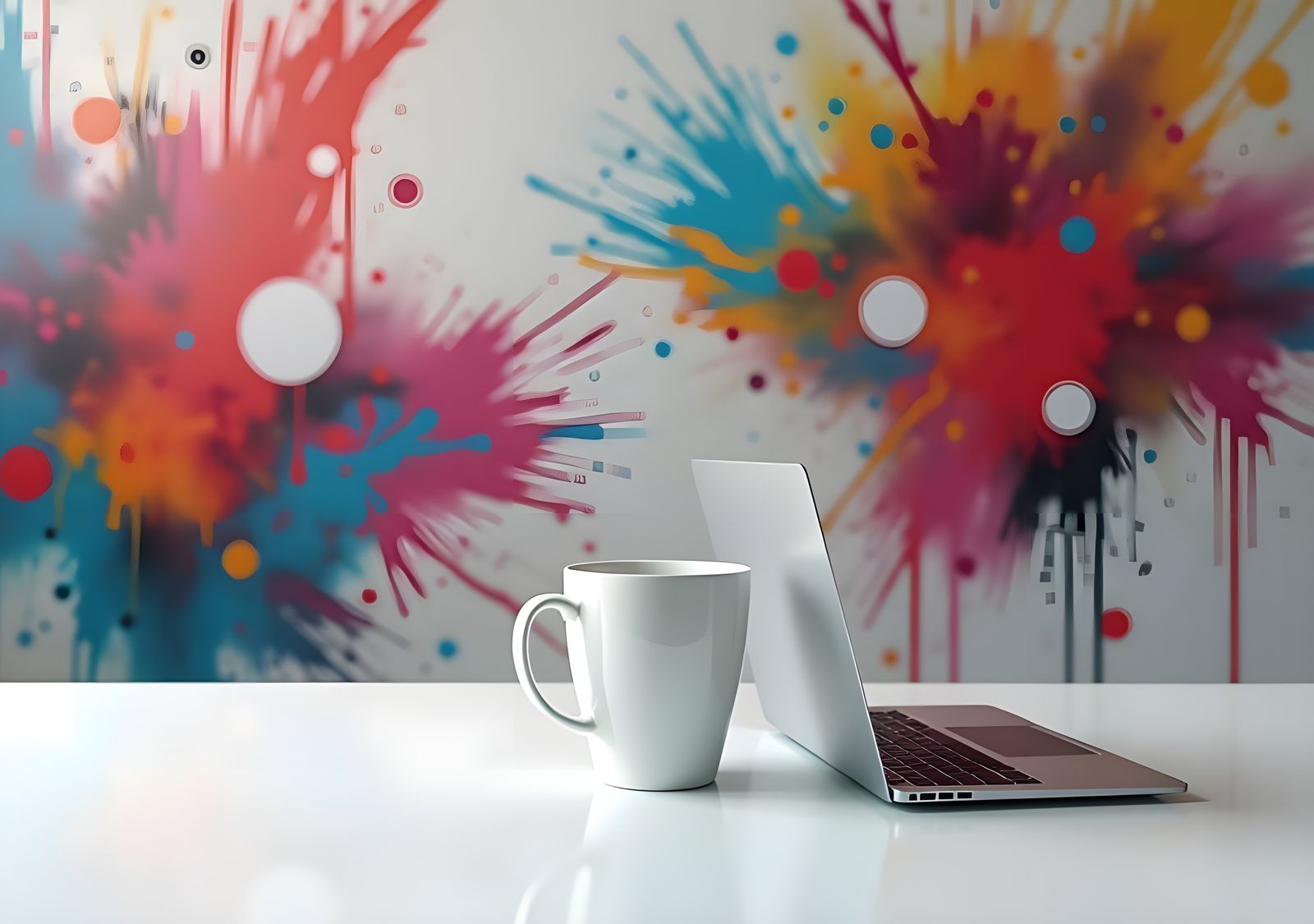 Hyperrealistic Coffee Cup and Laptop in Graffiti Art Style