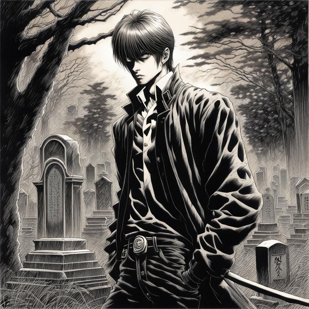 Ominous Portrait in Scratchboard Ink Style