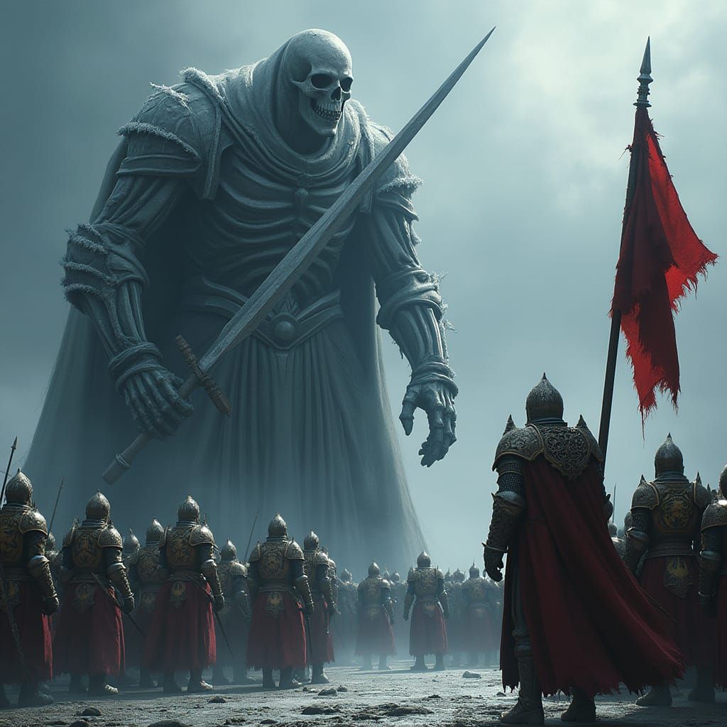 Templar Army Faces Giant Skeleton in Dark Fantasy Art