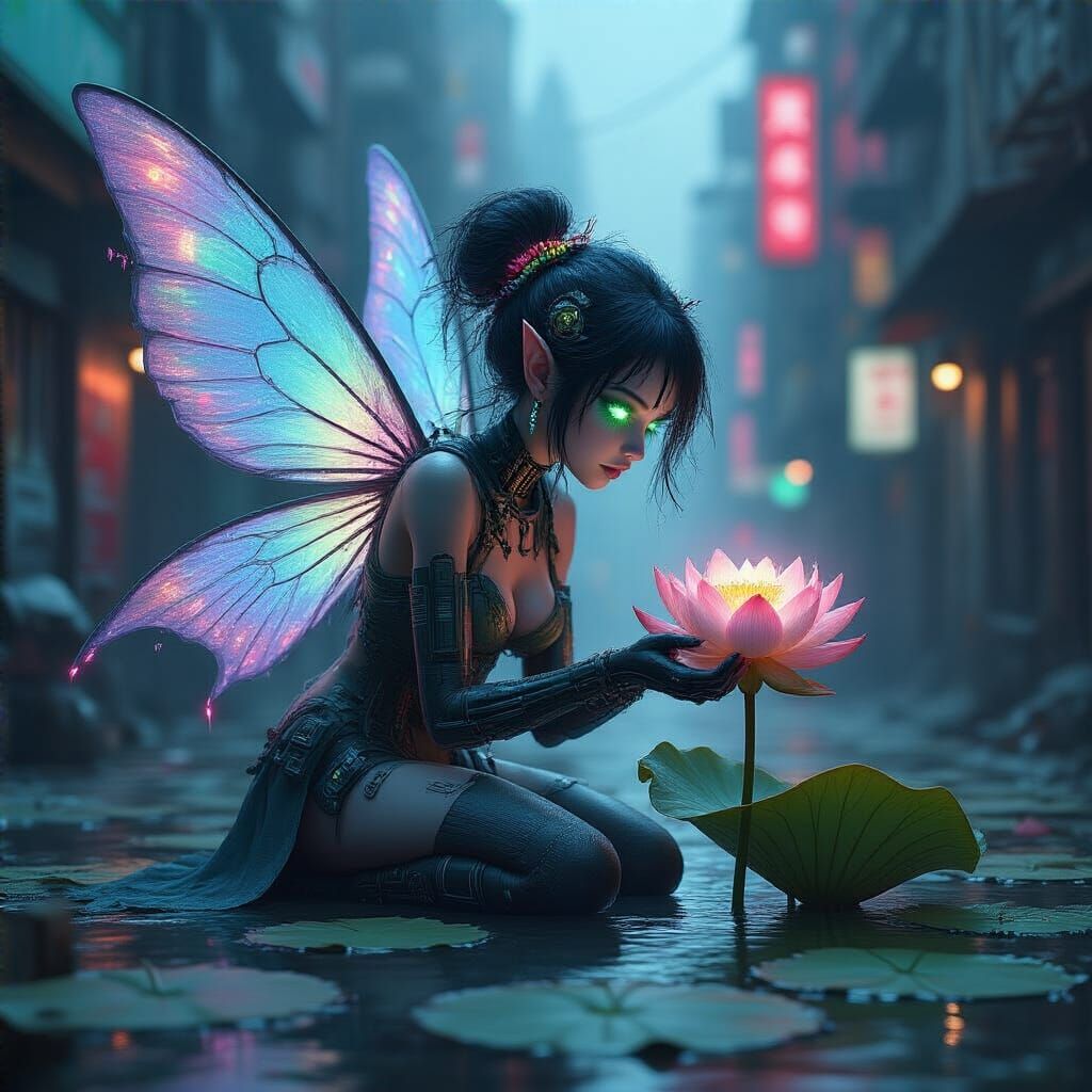 Cyberpunk Fairy Tending Lotus Flower in Metropolis