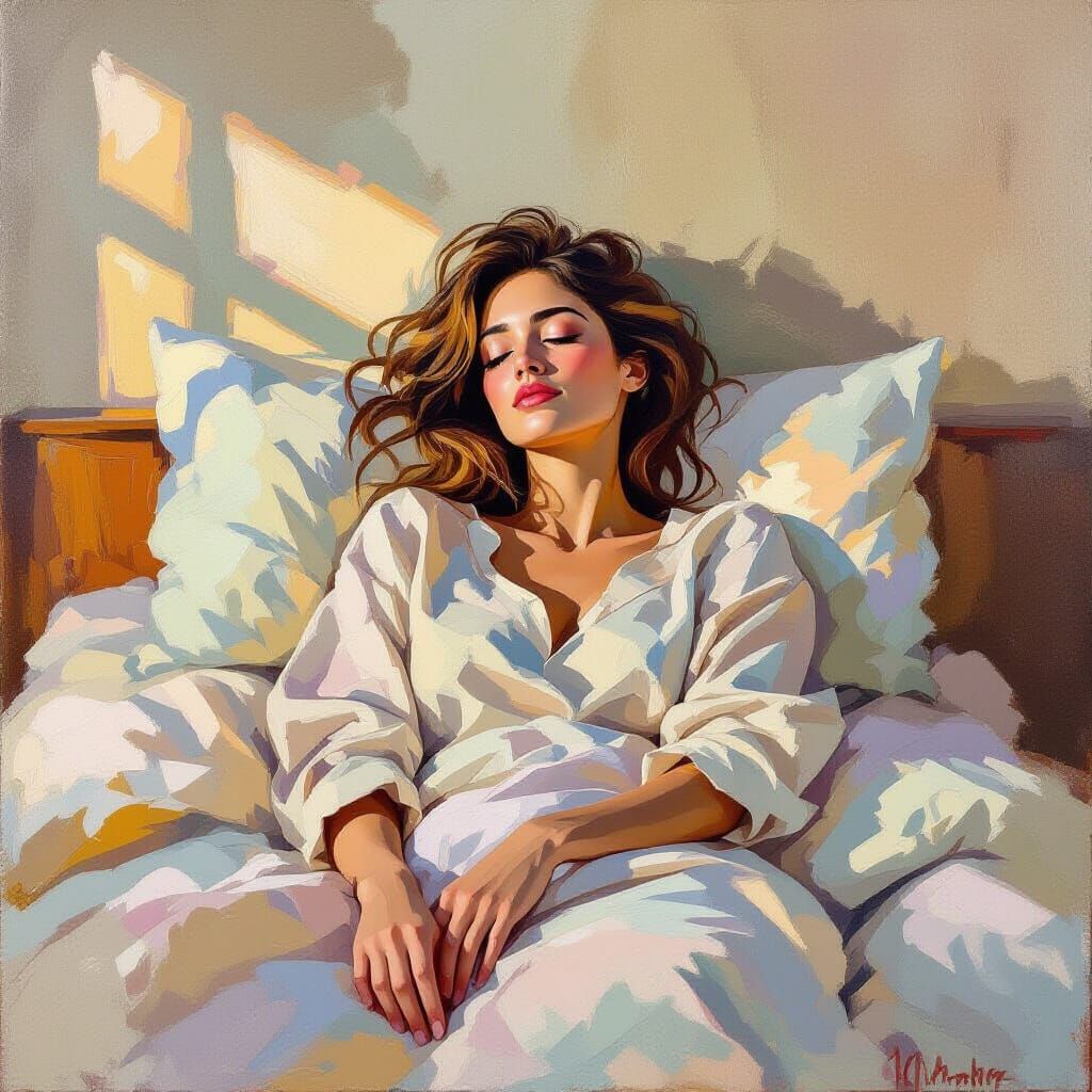 Neo-Impressionist Woman Waking Up in Cozy Bedroom