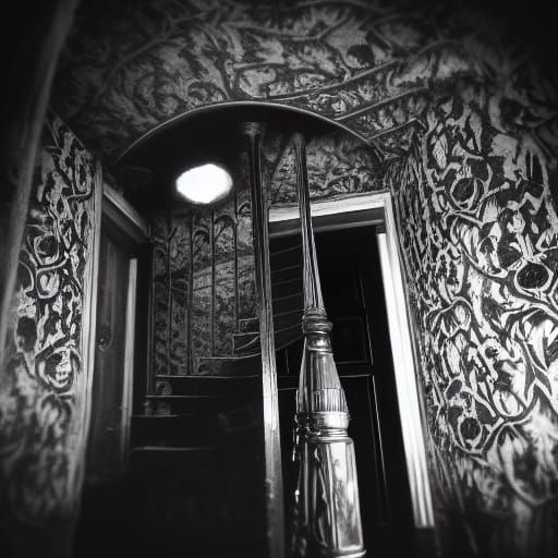 Creepy Haunted House with Spiral Staircase in Film Noir