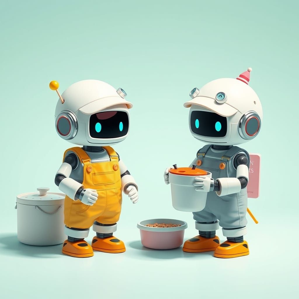 Chibi Robots Doing Human Tasks in Whimsical Style