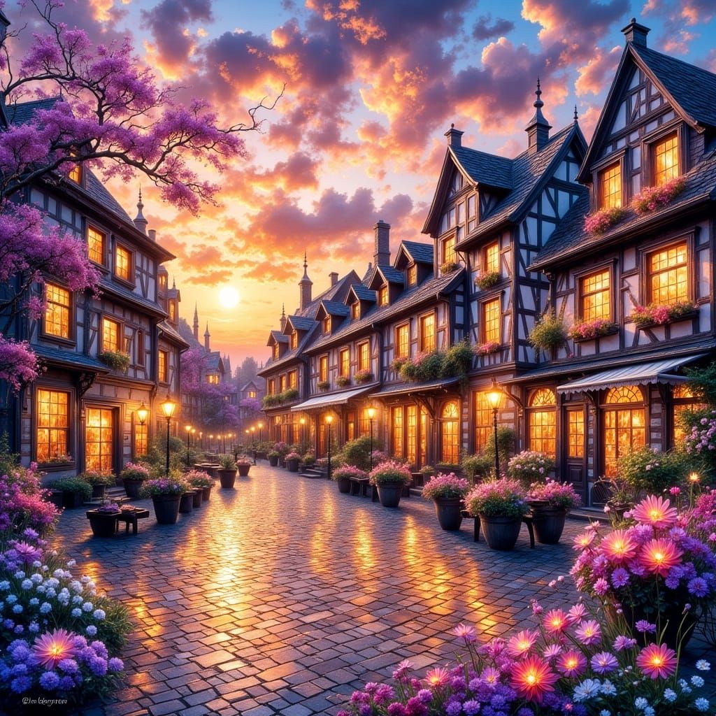 Romantic German Town Square at Sunset