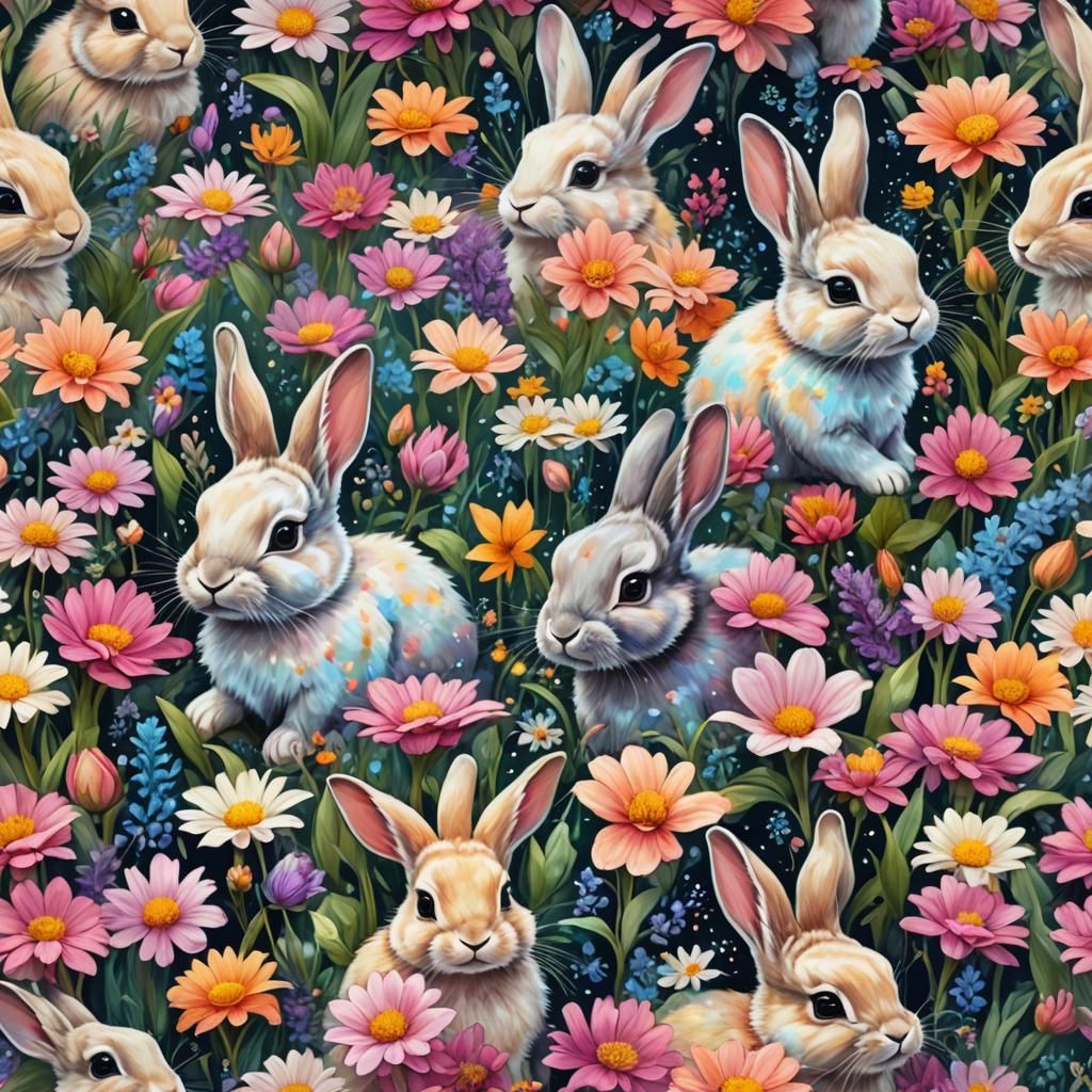 Baby Bunnies in Flowers: Cosmic Mixed Media Art