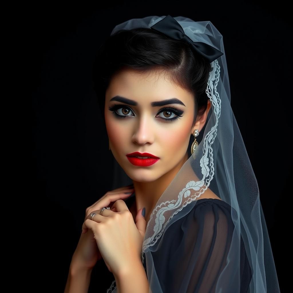 Elegant Woman Portrait with Lace Veil and Dark Attire