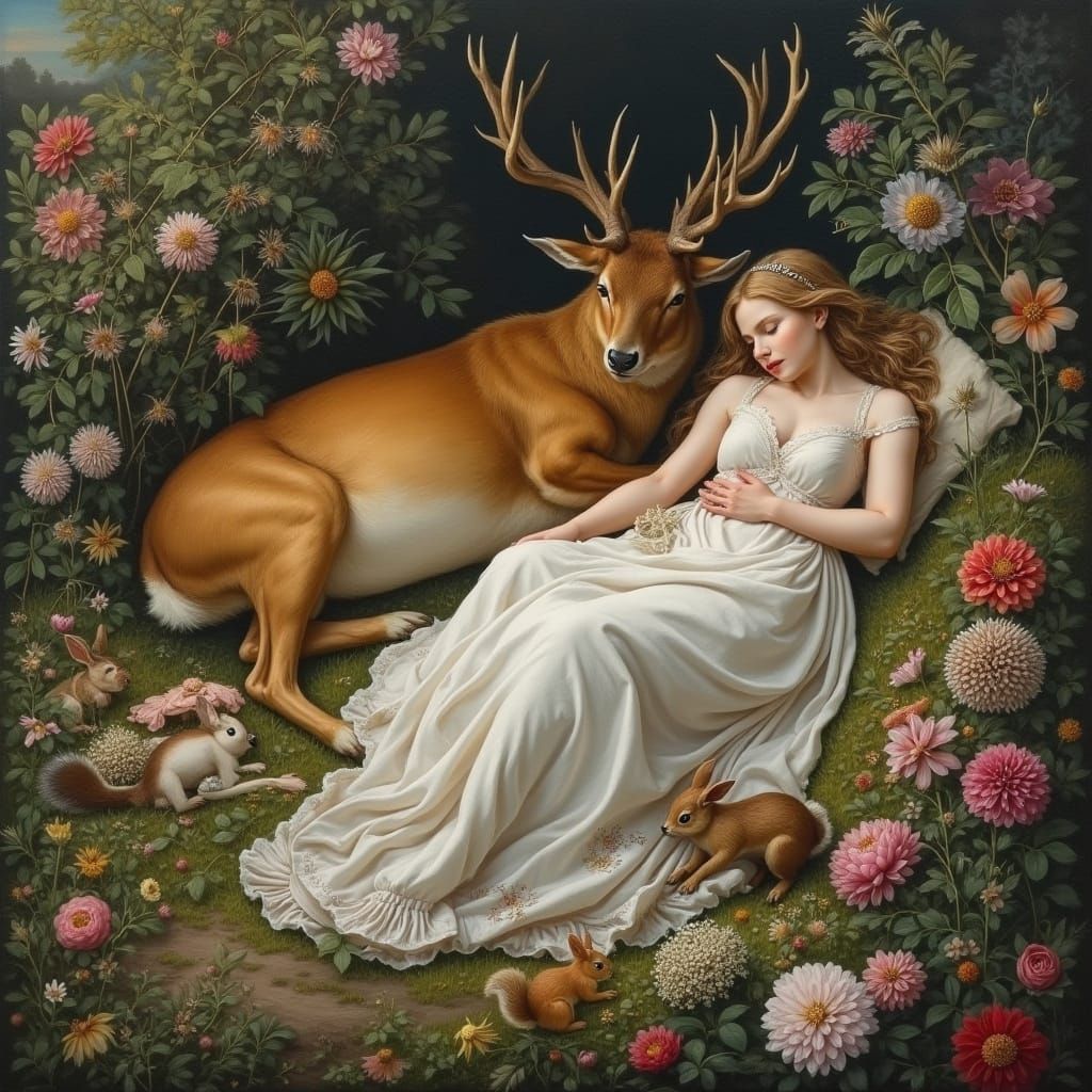 Regal Sleeping Beauty in Impasto Wildflower Scene