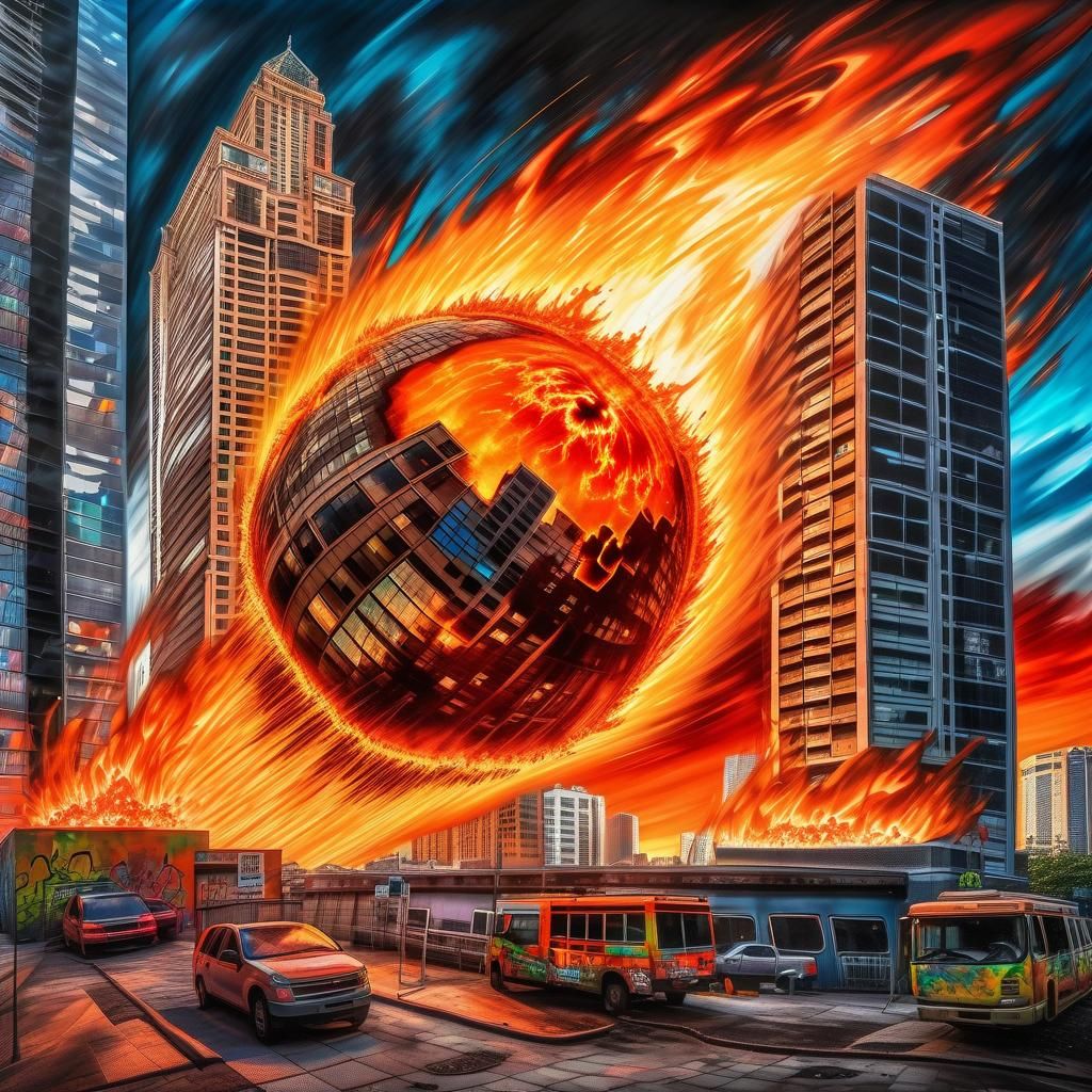 Apocalyptic Fireball Engulfs City in Graffiti Art