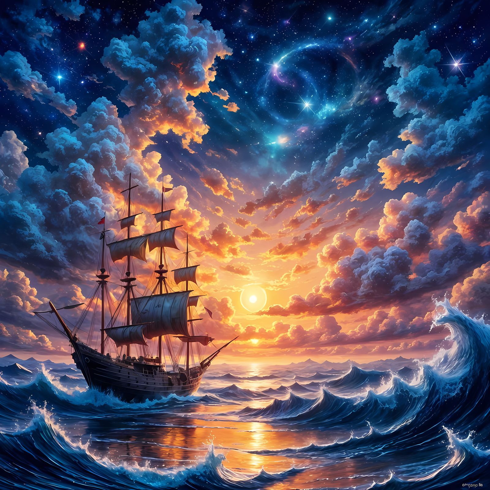 Ethereal Fantasy Ship Sailing in a Dreamlike Sunset