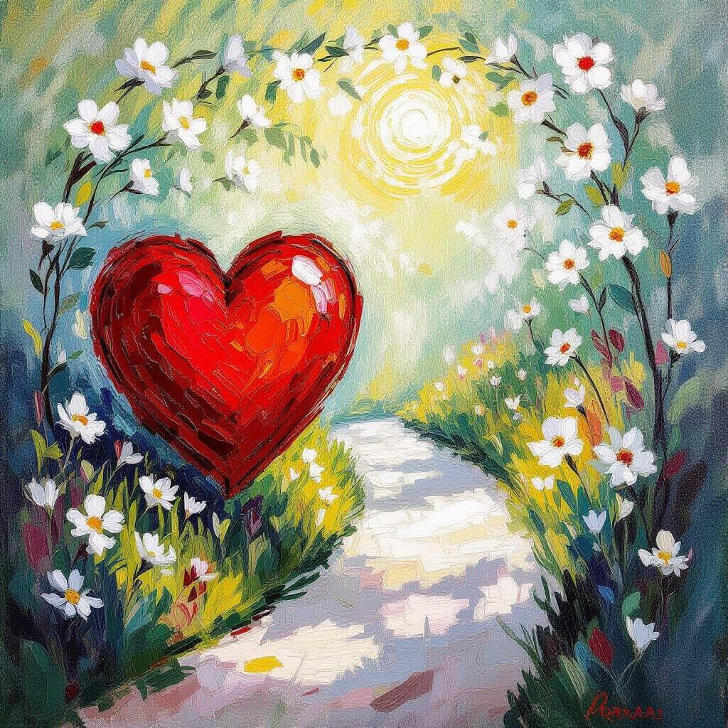 Expressive Red Heart Amidst Flowers and Canopy Path
