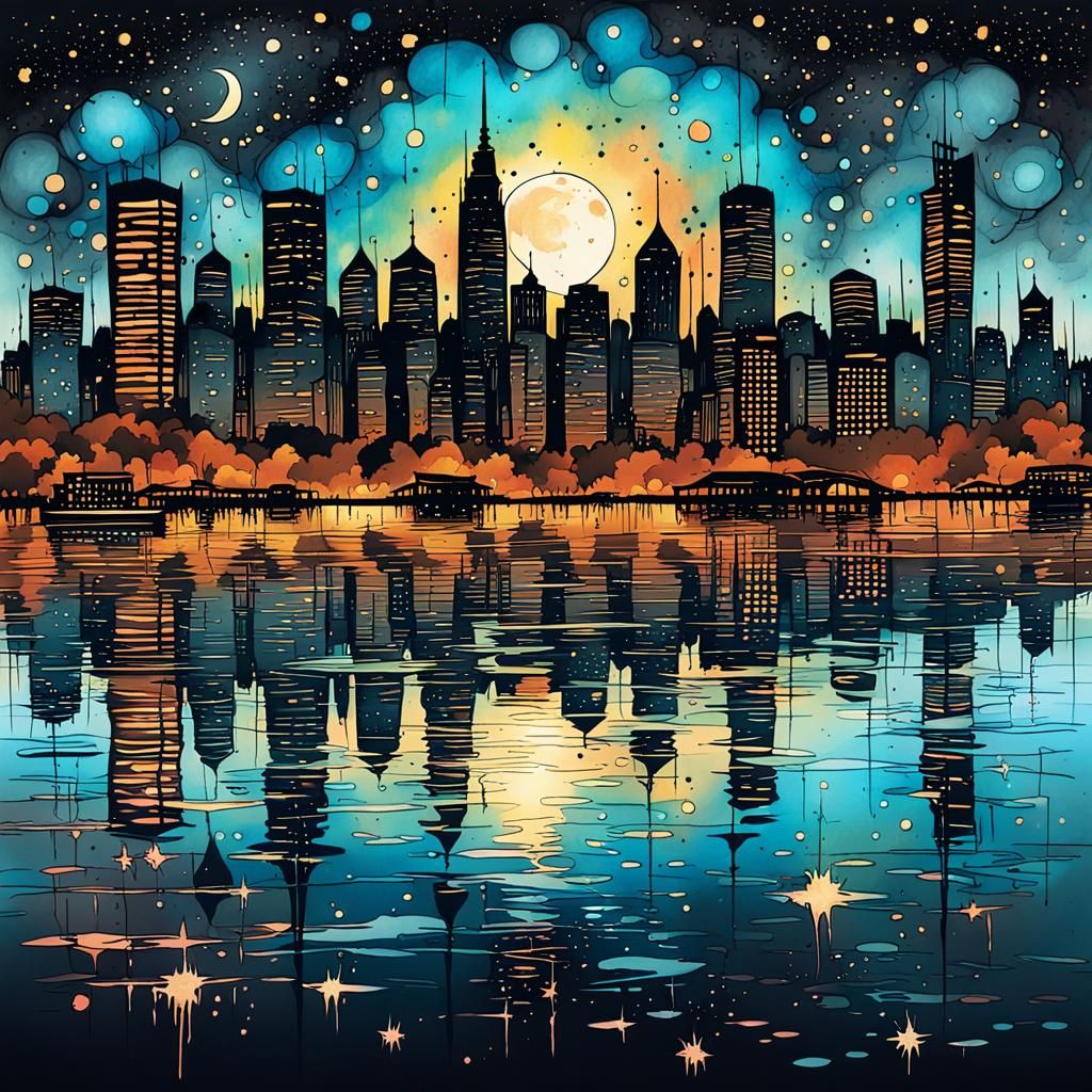 Inkpunk City Skyline at Nightfall