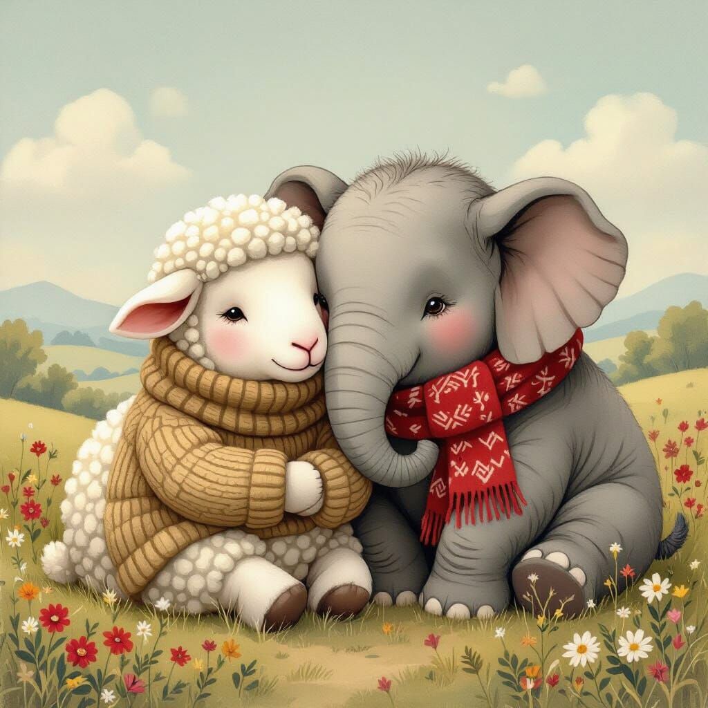Unlikely Friends: Sheep and Elephant Cuddle in Serene Landsc...