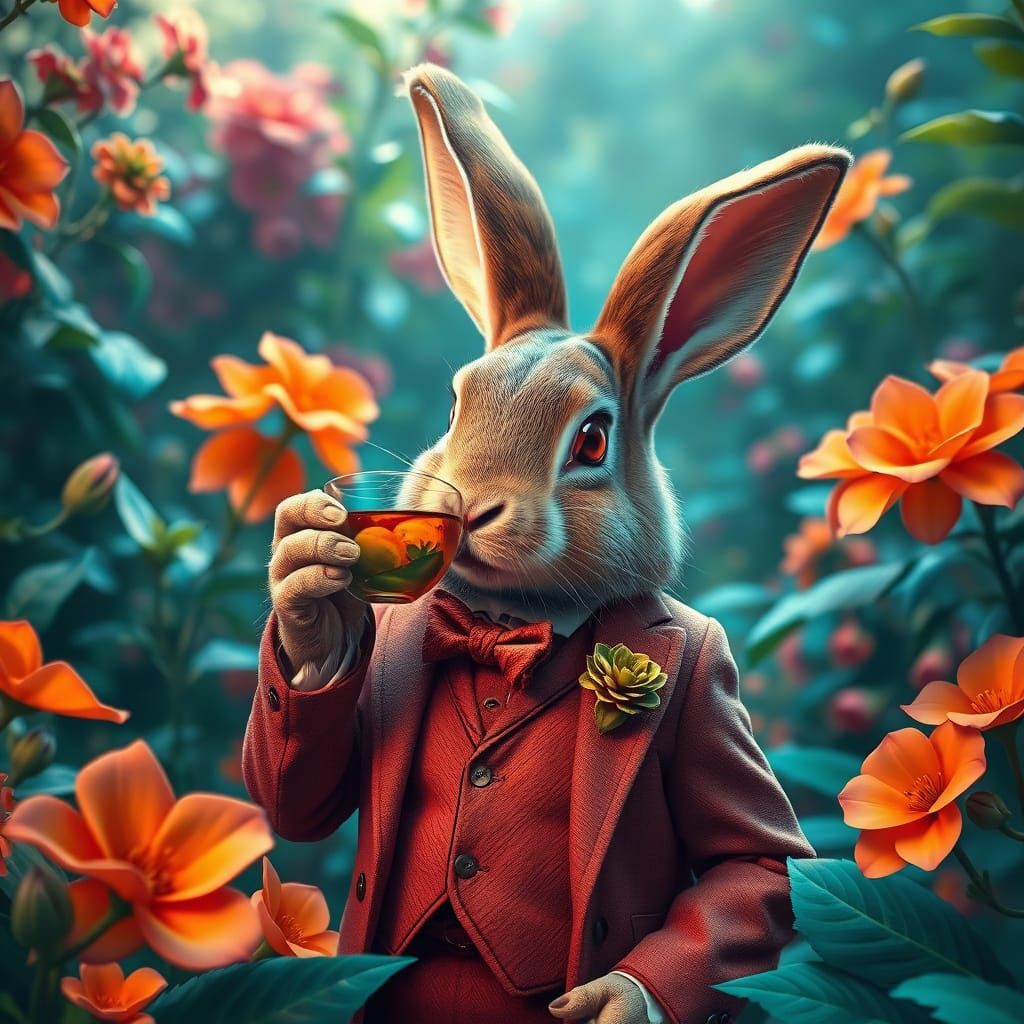 Dapper Rabbit Sipping Tea in Lush Garden