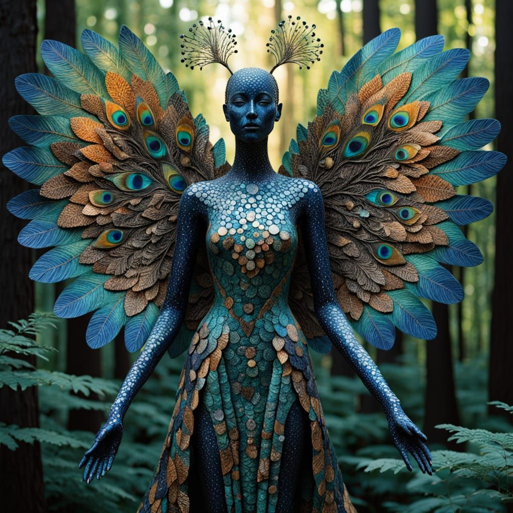 Surreal Winged Sculpture in Golden Art Nouveau Style