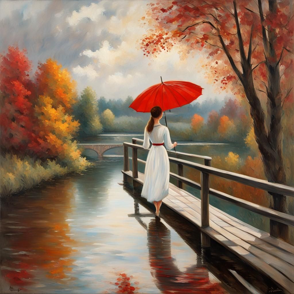 Woman with Red Umbrella on Autumn Bridge