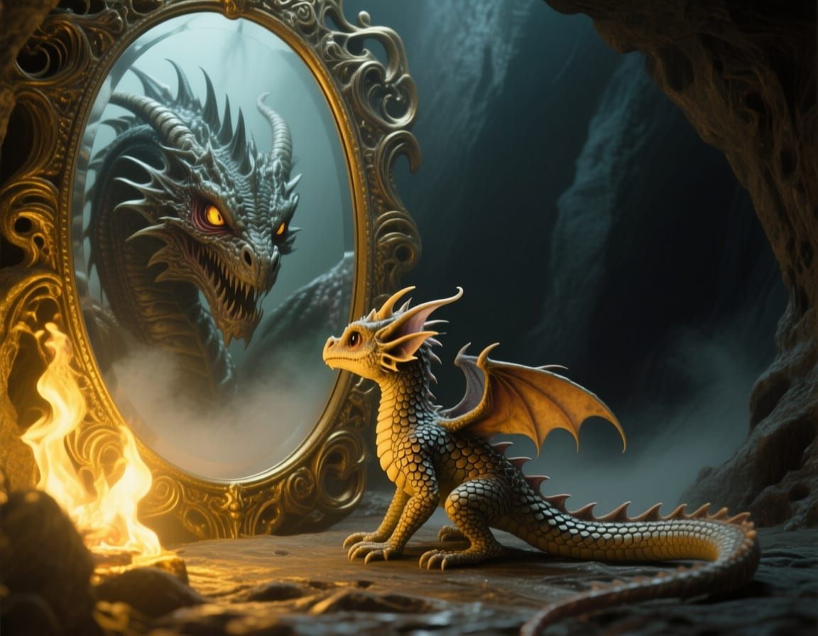 Dragon Reflections in a Gothic Sci-Fi Cavern
