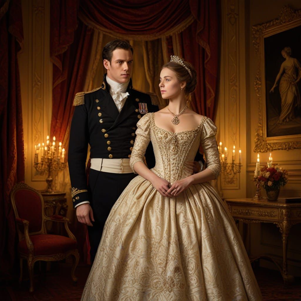 Napoleonic Officer and Lady in Formal Ballroom