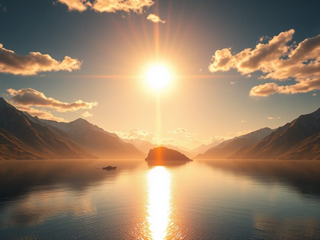Photorealistic Mountain Lake at Sunset with Radiant Light