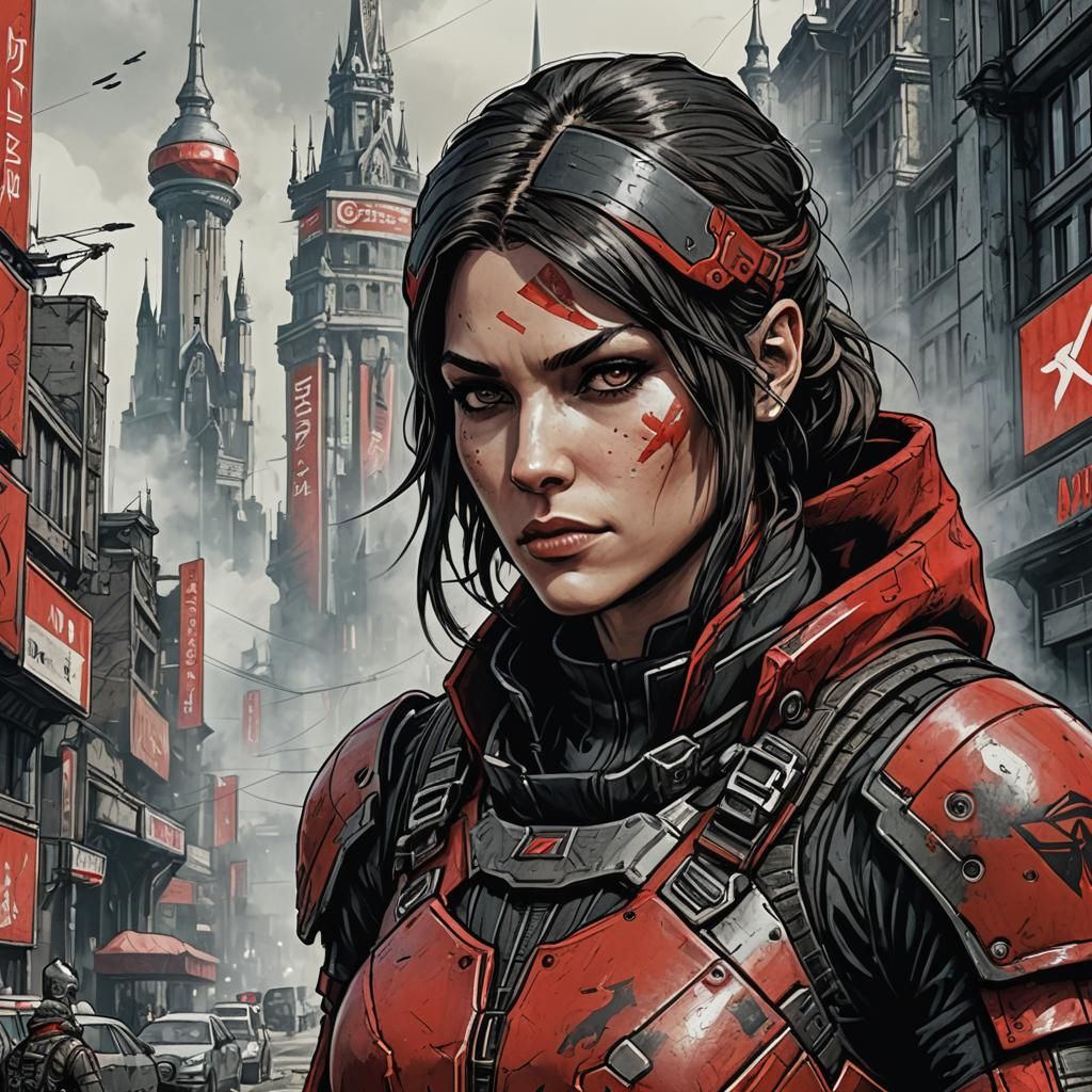 Cyberpunk Assassin in Moscow: Vivid Pen and Ink Portrait