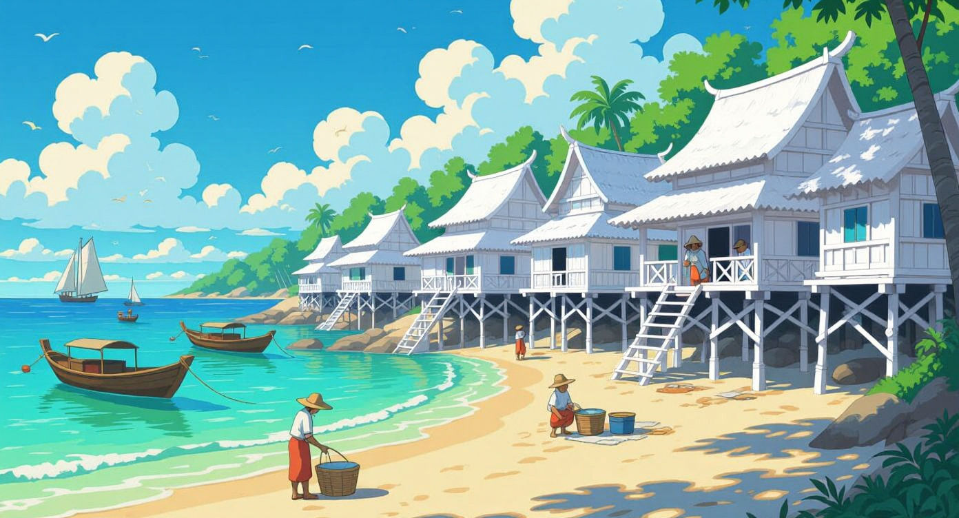 Coastal Village Fusion: Thai and Mediterranean Anime Art