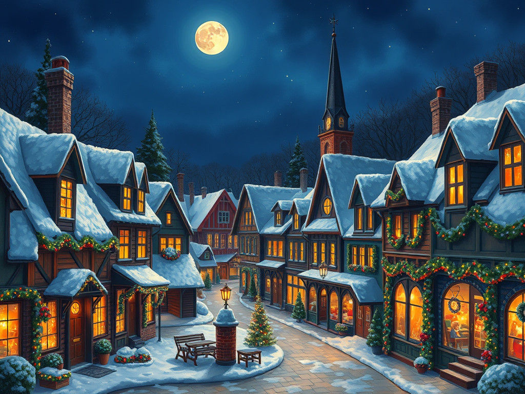 Snowy Christmas Town Square at Night