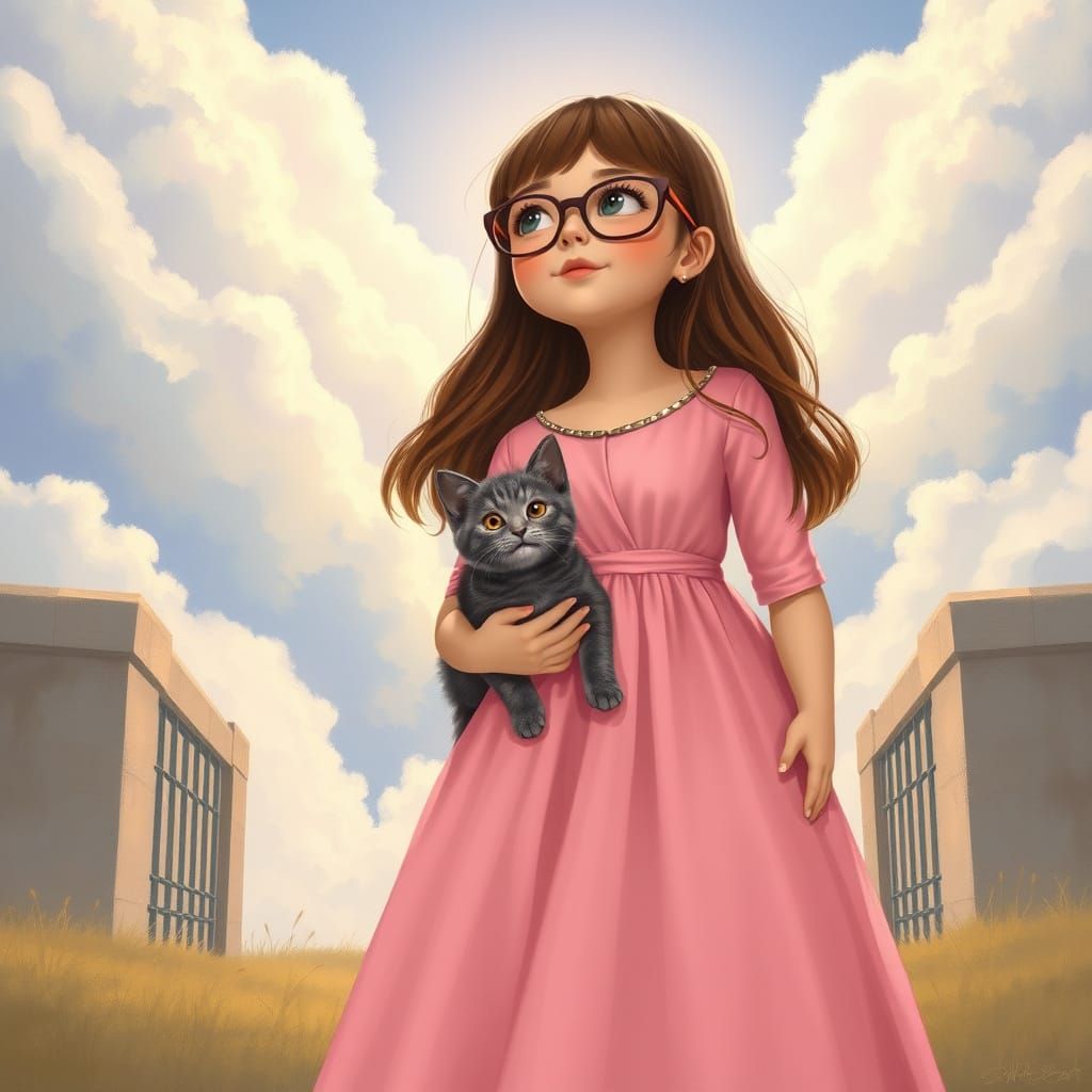 Girl in Pink Gown Waits at Heaven's Gates with Kitten