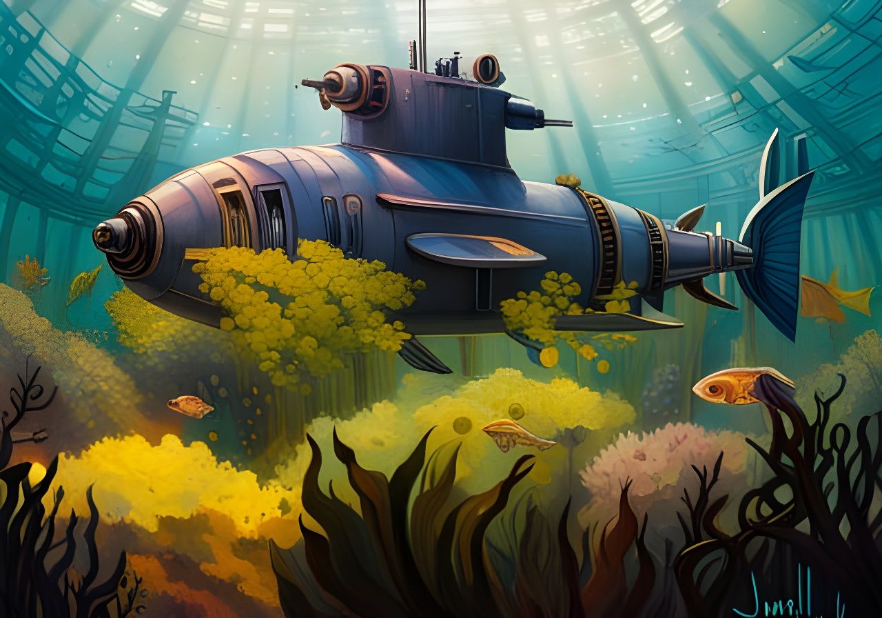 Fantastical Retro Submarine Underwater Scene
