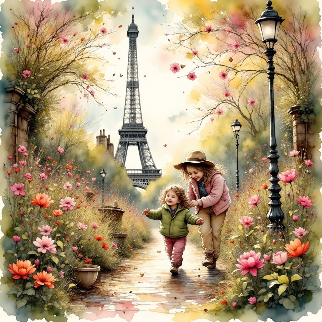 Children Playing in Springtime Paris: Beatrix Potter Style