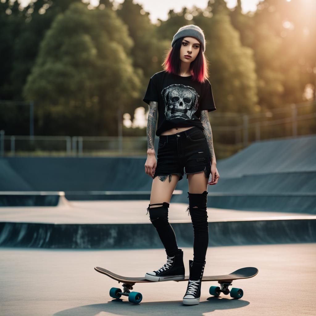 Emo Skater Girl Posing at Skatepark in High Resolution