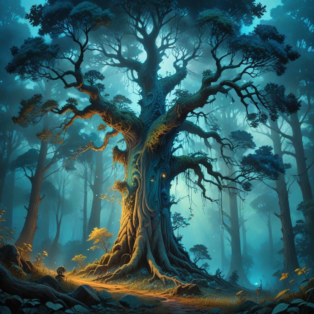 Whimsical Watercolor Landscape with Towering Trees