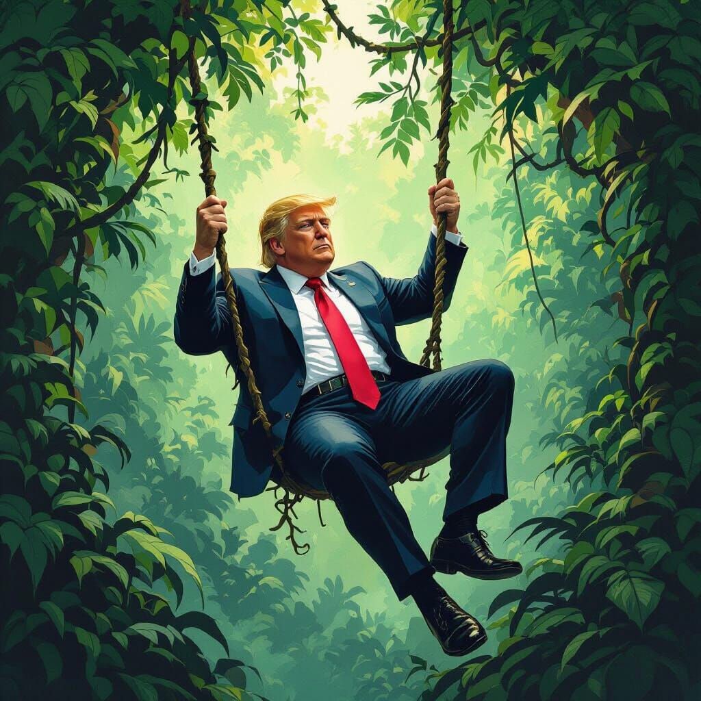 President Trump Swings Through Jungle in Fantasy Art Style