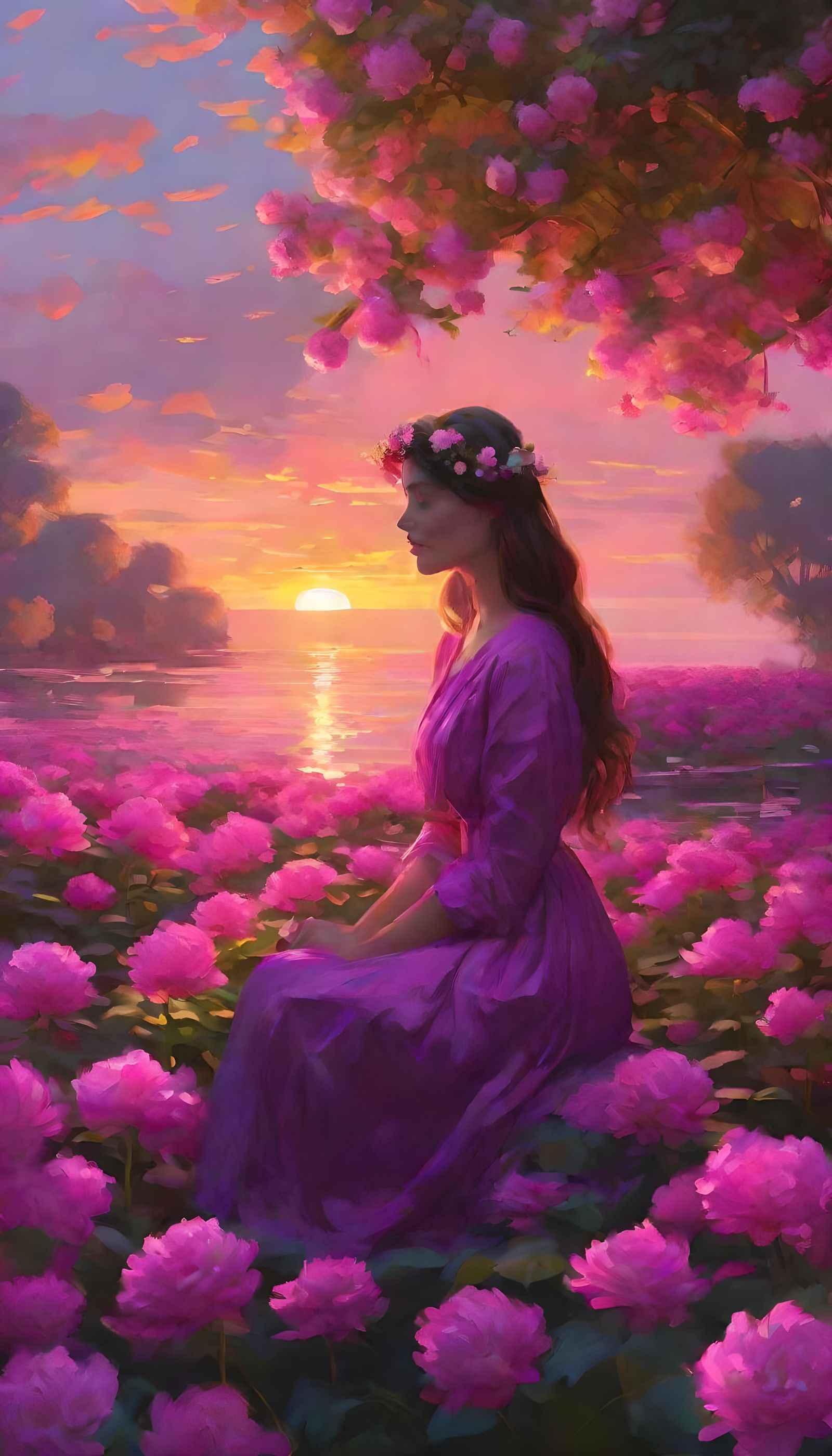 Women at Sunset in Impressionist Oil Painting Style