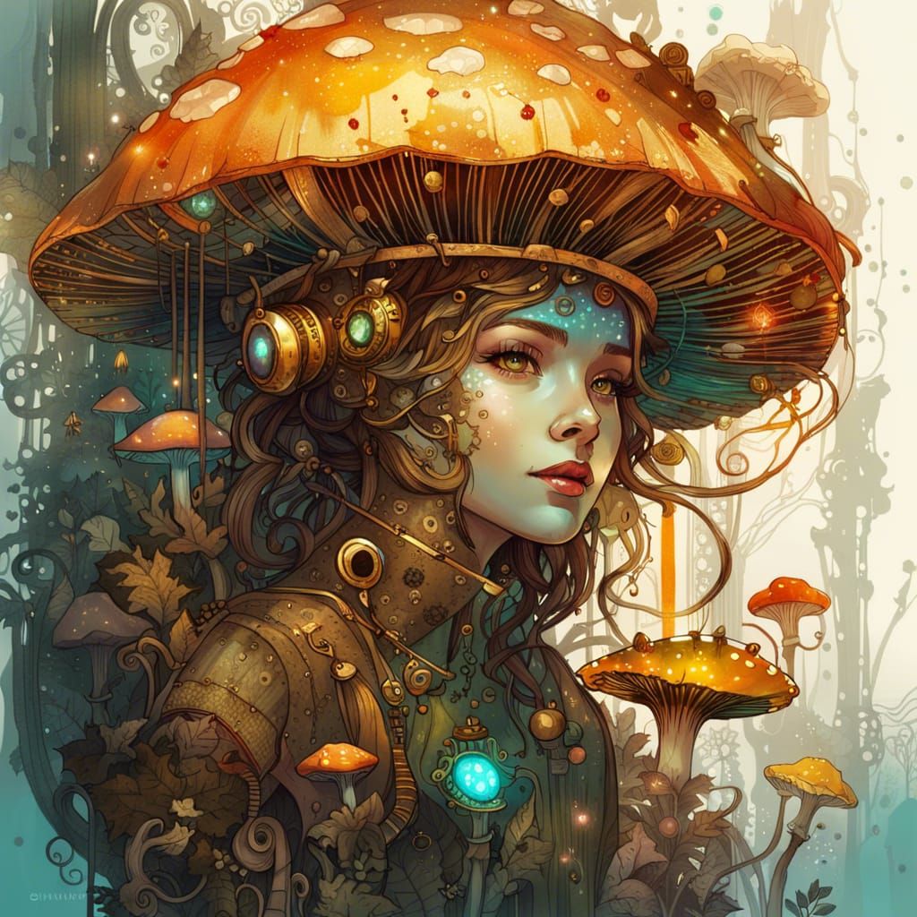 Steampunk Mushroom Princess in Luminous Digital Art