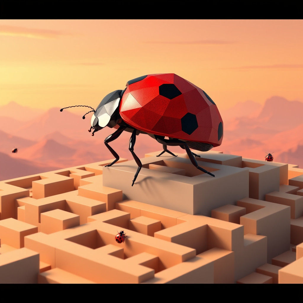 Stylized Ladybug Conquers Geometric Maze, Low-Poly Art