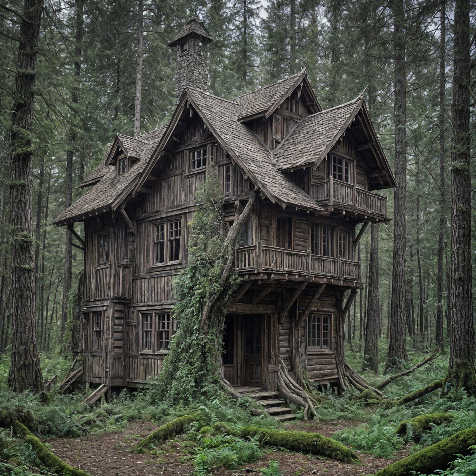 Menacing Wooden House Creature in Forest