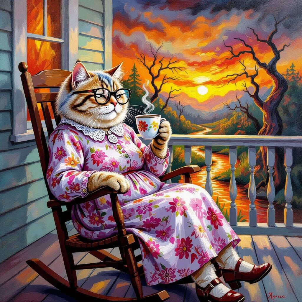 Elderly Cat in Hellish Landscape as Impasto Painting