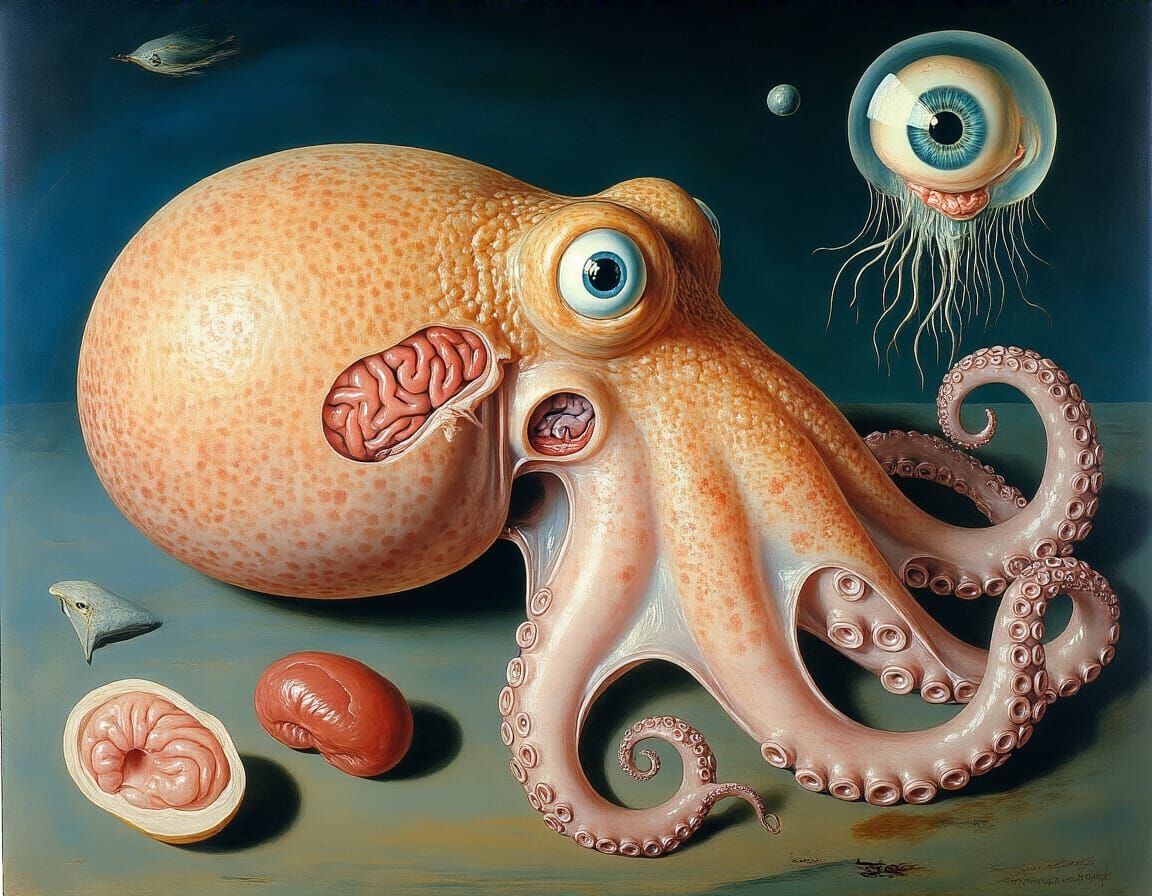Surreal Organism Mix: Octopus, Peacock, Jellyfish, Organs