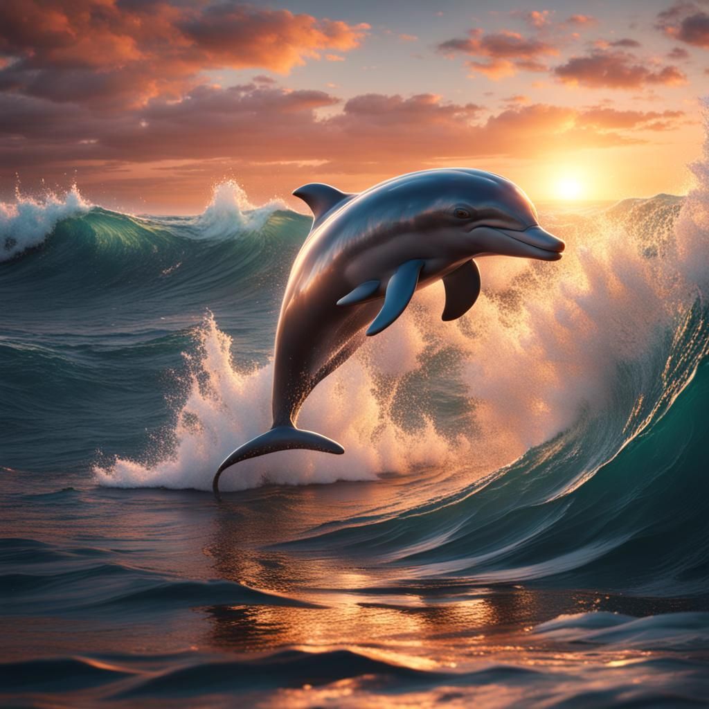 Dolphin Leaping from Wave at Sunset