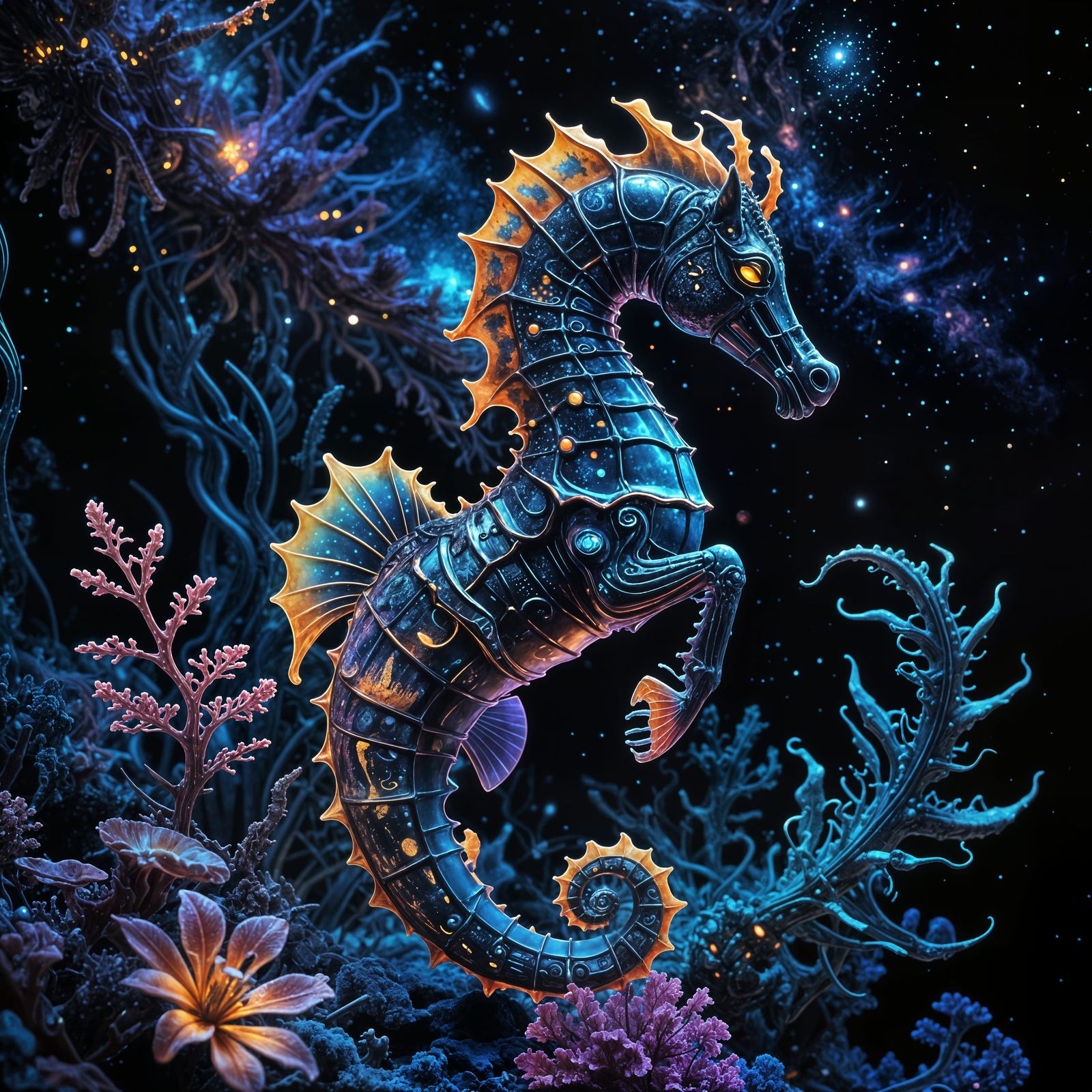 Vibrant Cosmic Seahorse in Bio-Mechanical Futurism