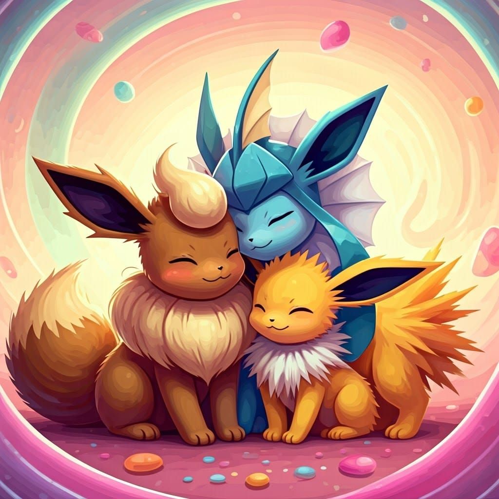 Surreal Digital Illustration of Eeveelutions in Whimsical Pl...